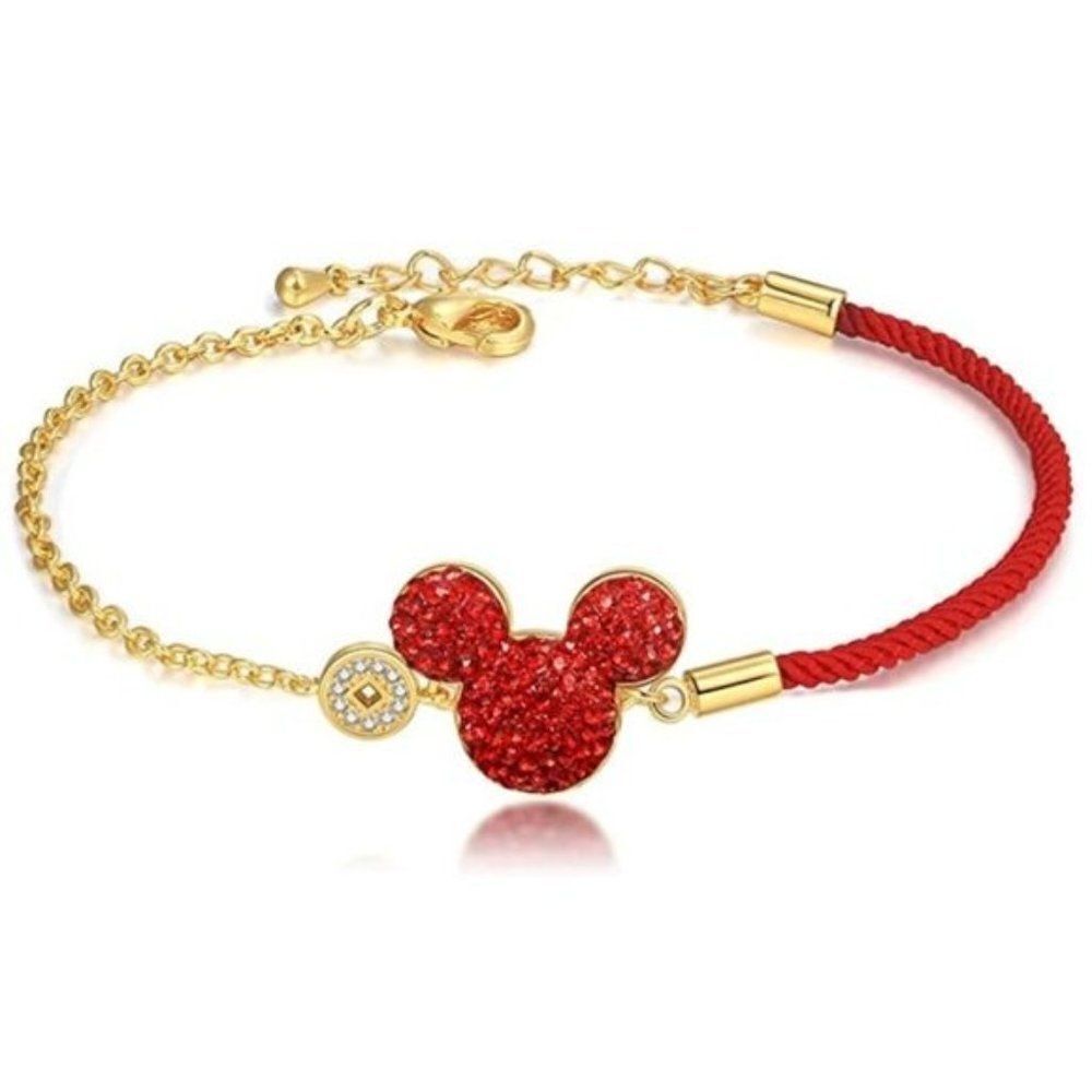 18K Yellow Gold with Ruby Crystal and Cubic Zirconia Mickey Mouse Charm Bracelet